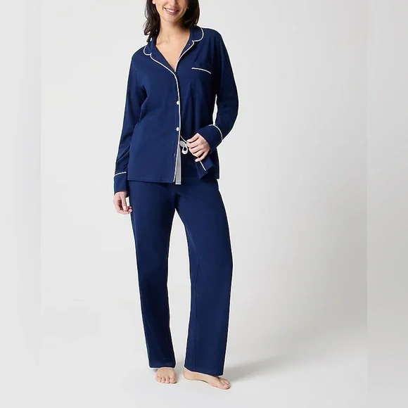 J Crew Factory Navy Blue Eco Dreamiest Long Sleeve Shirt & Pants Pajama set - Picture 1 of 5